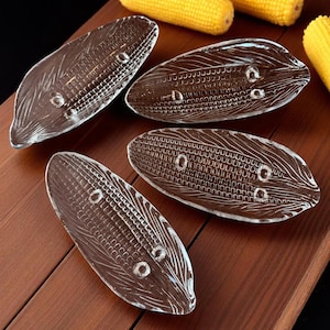 Set of 4 Glass Corn on the Cob Dishes – Vintage Corn Serving Trays – Clear Textured Glass Plates