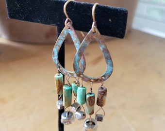 Vintage Rhinestone Earrings - Sparkly Hoop Earrings, Medium Turquoise Hoops, Aesthetic Earrings, Relaxed Rustic