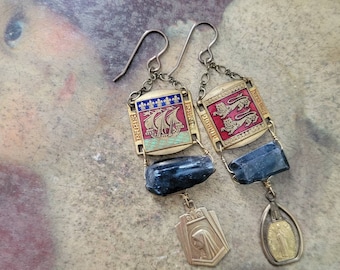 Lovely French Vintage Earrings - Paris Earrings with Miraculous Medals, Aesthetic Earrings, Repurposed Earrings