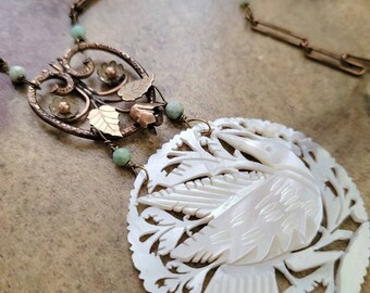 PEARL BIRD - Upcycled carved pendant vintage statement necklace