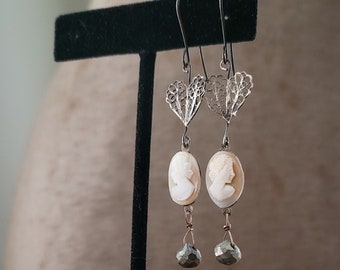 Vintage Repurposed Cameo Earrings - Aesthetic Earrings, Victorian Style Earrings, Sterling Filigree Heart Earrings