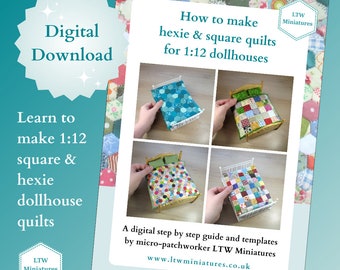 Digitale downloadhandleiding om uw eigen 1:12 poppenhuisquilt SQUARES & HEXIES-bundel te maken