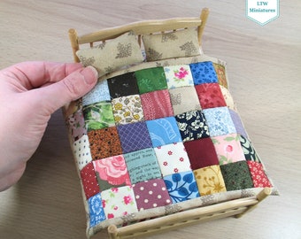 Miniature Quilt and Pillows for 12th scale Dollhouse - Double Scrappy 1" Squares