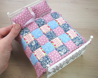 Miniature Quilt and Pillows for 12th scale Dollhouse - Double Pink and Blue Squares