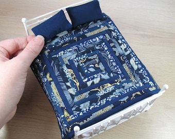 Navy Blue Log Cabin Double Quilt and Pillows for 1:12 Dollhouse