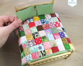 Miniature Quilt and Pillows for 12th scale Dollhouse - Double Scrappy Squares