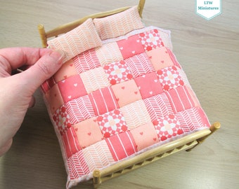 Miniature Quilt and Pillows for 12th scale Dollhouse - Peach and Coral