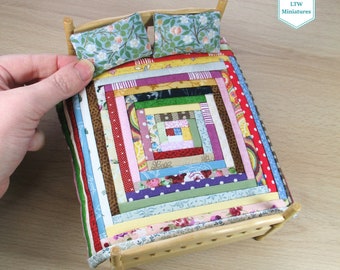 Miniature Quilt and Pillows for 12th scale Dollhouse - Double Scrappy Log Cabin