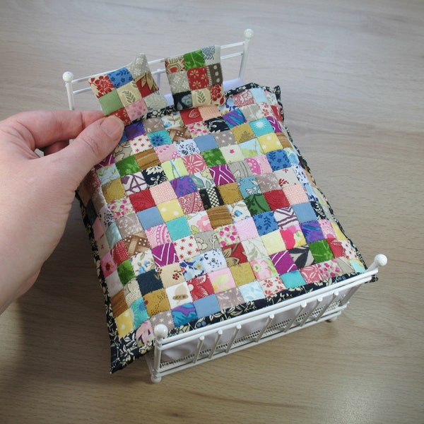 Dollhouse Miniature Patchwork Quilt and Pillows in 12th Scale - Scrappy Squares