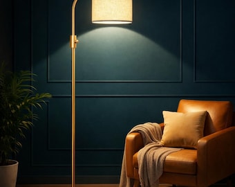 Dimmable Arc Floor Lamp, Gold Finish, Linen Shade, 1200 Lumens