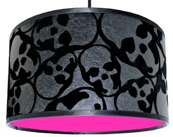 Flocked Skulls Wallpaper Lampshade With Neon Pink Lining