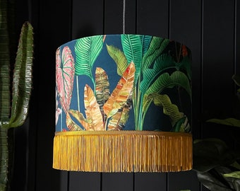 Magic Fruits Tropical Handmade Lampshade in Teal blue With Gold Fringing