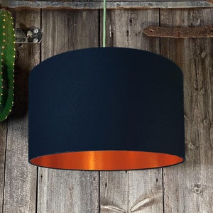 Deep Space Navy Drum Lampshade With Gold or Copper Foil Lining. Handmade to order with 12 different sizes available