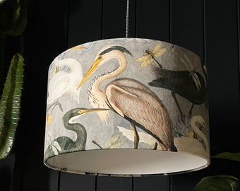 Grey Heron inspired Bird Song Velvet Lampshade handmade to order by Love Frankie