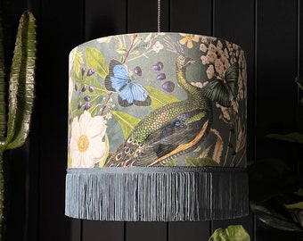 Emerald Mythical Plumes Peacock Lampshade With Fringing