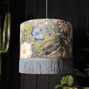 Emerald Mythical Plumes Peacock Lampshade With Fringing