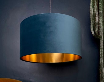 Flint Blue Velvet Drum Lampshade With Gold Lining. Handmade to Order in the UK with 12 different sizes to choose from