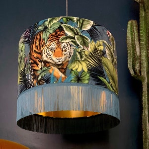 Flint Blue Big Cat Tiger Lampshade With Gold Lining & Fringing