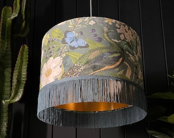 Emerald Mythical Plumes Peacock Lampshade With Gold Lining & Fringing