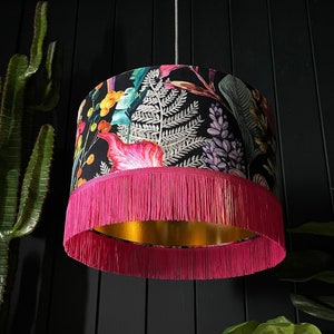Hot Pink Tropical Acid Jungle Lampshade With Gold Lining & Pink Fringing