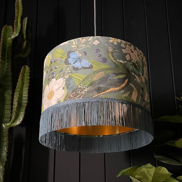 Emerald Mythical Plumes Peacock Lampshade With Gold Lining & Fringing