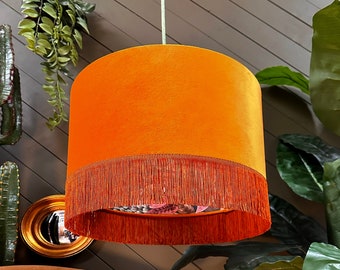 Autumn Walled Garden Silhouette Lampshade in Rust Orange Velvet & Fringing