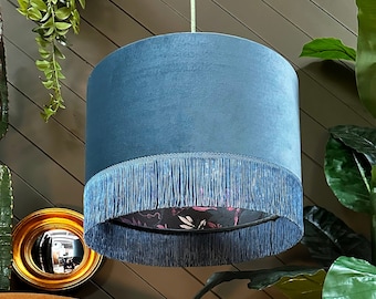 Nightshade Midnight Garden Silhouette Lampshade in Flint Blue Velvet & Fringing