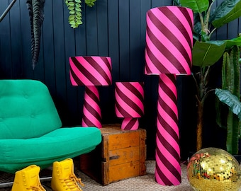 Portable lamps in Raspberry Ripple Helter Skelter Striped Velvet.  3 Sizes available with Optional Rechargeable LED Bulb.