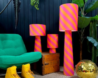 Portable lamps in Tutti Frutti Helter Skelter Velvet. 3 Sizes available with Optional Rechargeable LED Bulb.