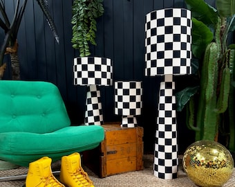 Handmade Velvet Checkerboard Portable lamps in Liquorice. 3 Sizes available with Optional Rechargeable LED Bulb.