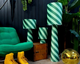 Portable lamps in Apple Sours Helter Skelter Velvet. 3 Sizes available with Optional Rechargeable LED Bulb.