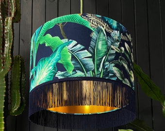 Rainforest Tropical Jungle Velvet Lampshade With Gold Lining and Indigo Fringing