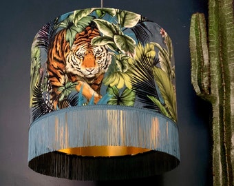 Big Cat Velvet Lampshade With Gold Lining & Fringing In Flint Blue