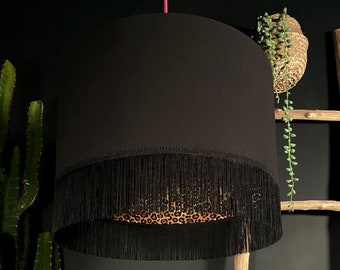 Wild Leopard Print Silhouette Lampshade in Jet Black Cotton and Black Fringing