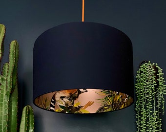 Rose Gold Kooky Lemur Silhouette Lampshade In Deep Space Navy Cotton. Handmade to Order in 12 different sizes.