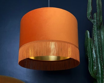 Rust Orange Velvet Lampshade with Gold Lining & Orange Fringing