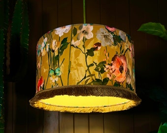 Honey Hazy Meadow, A Velvet Fringed lampshade with Banana Yellow Lining.  Part of our Woodstock Collection