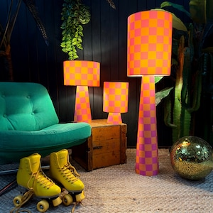 Handmade Checkerboard Velvet lamps in Tutti Frutti. 3 Sizes available with Optional Rechargeable LED Bulb.