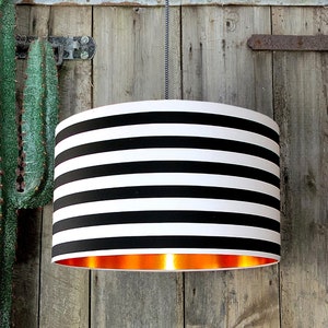 Circus Stripes Black and White Striped Drum Lampshades With Gold or Copper Foil Lining. Statement Monochrome lighting