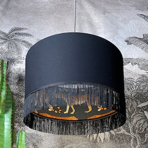 Leopard Walk Cole & Son's Silhouette Lampshade in Jet Black Cotton and Black Fringing