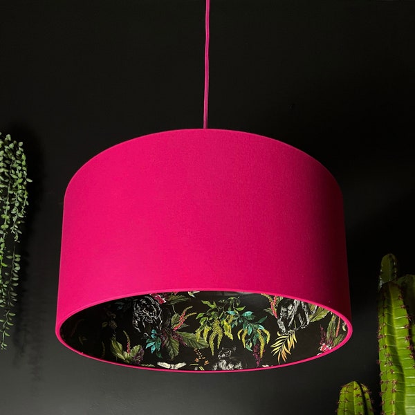 Carbon Black Deadly Night Shade Panther Silhouette Lampshade in Pomegranate Pink Cotton