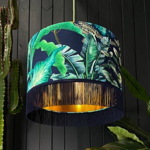 Rainforest Tropical Jungle Velvet Lampshade With Gold Lining and Indigo Fringing