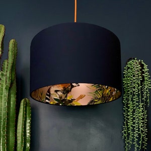 Rose Gold Kooky Lemur Silhouette Lampshade In Deep Space Navy Cotton. Handmade to Order in 12 different sizes.