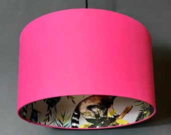 Silver Lemur Silhouette Lampshade with Bubblegum Pink Cotton