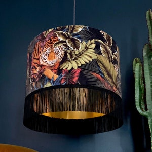 Big Cat Velvet Lampshade With Gold Lining & Fringing In Rust