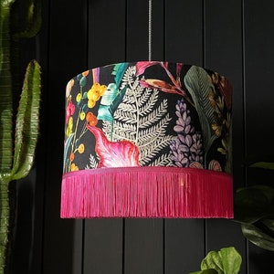 Acid Jungle Trippy Tropical Lampshade With Hot Pink Fringing. Handmade to Order in the UK