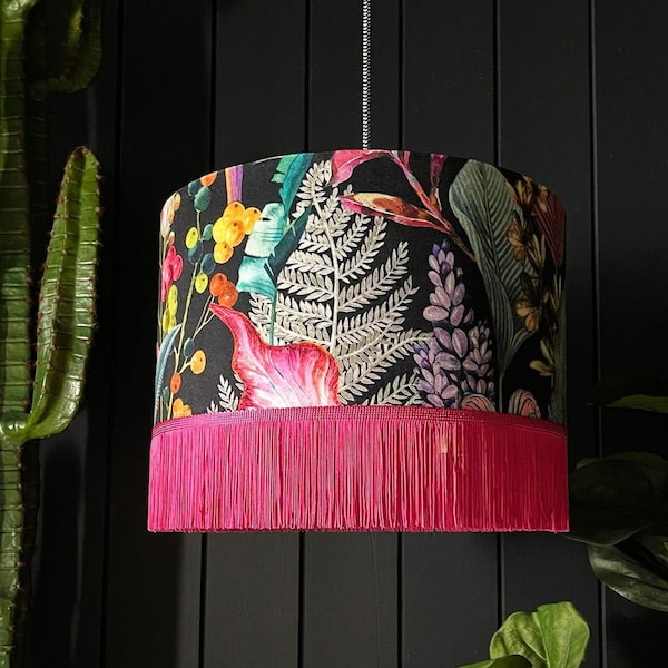 Acid Jungle Trippy Tropical Lampshade With Hot Pink Fringing. Handmade to Order in the UK
