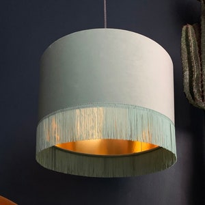Sea Green Velvet Lampshade with Gold Lining & Fringing