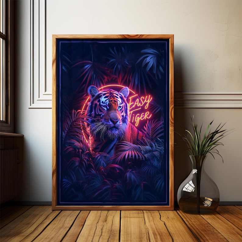 May include: A neon sign with the words "Easy Tiger" in a circle, with a tiger in the background. The tiger is surrounded by tropical plants and has a blue and purple glow.
