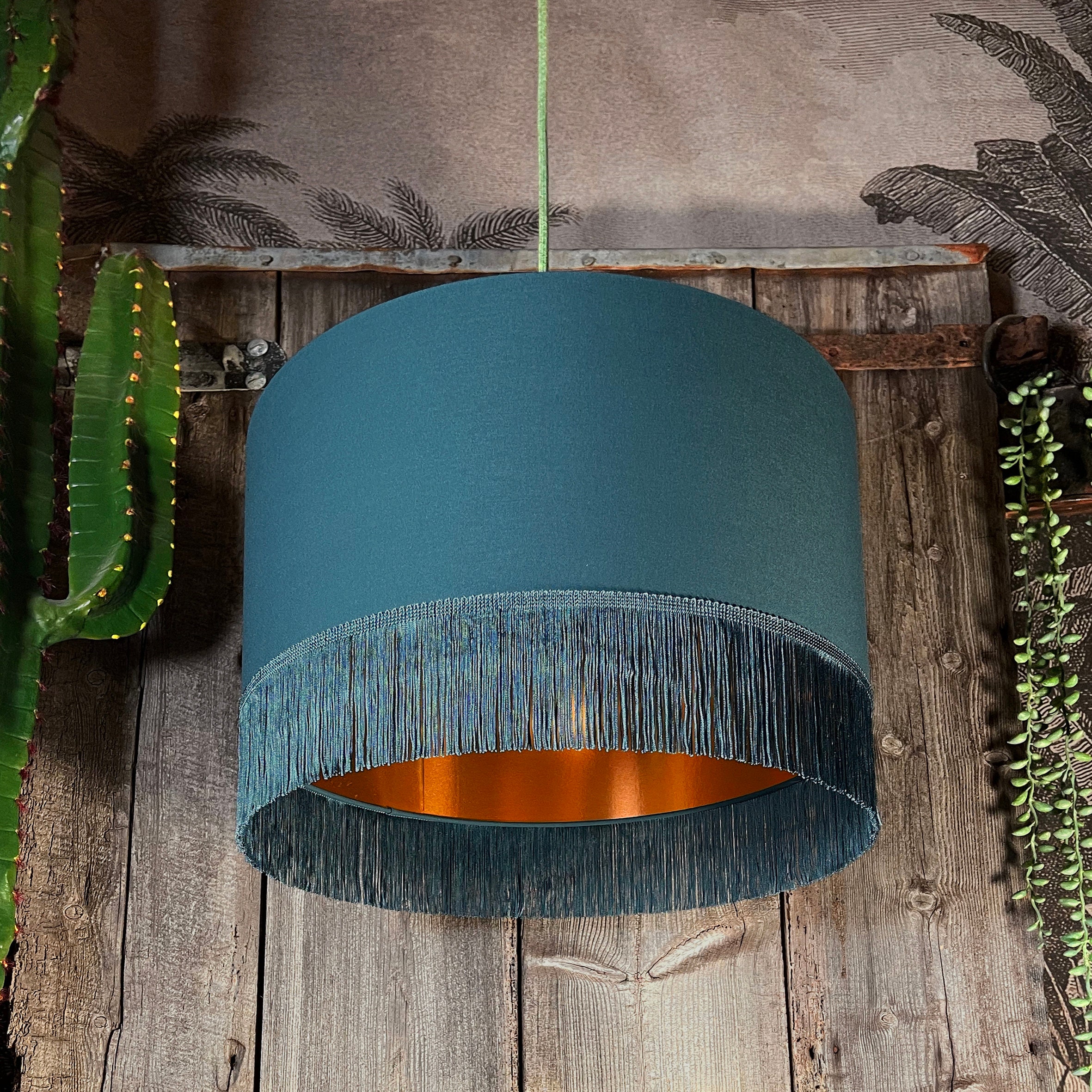 Petrol Blue Lampshade With Copper Foil Lining Blue Fringing
